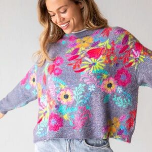 NWT Natural Life Cashmere-Like Mock Neck Sweater Floral Oversized Boho Hippie